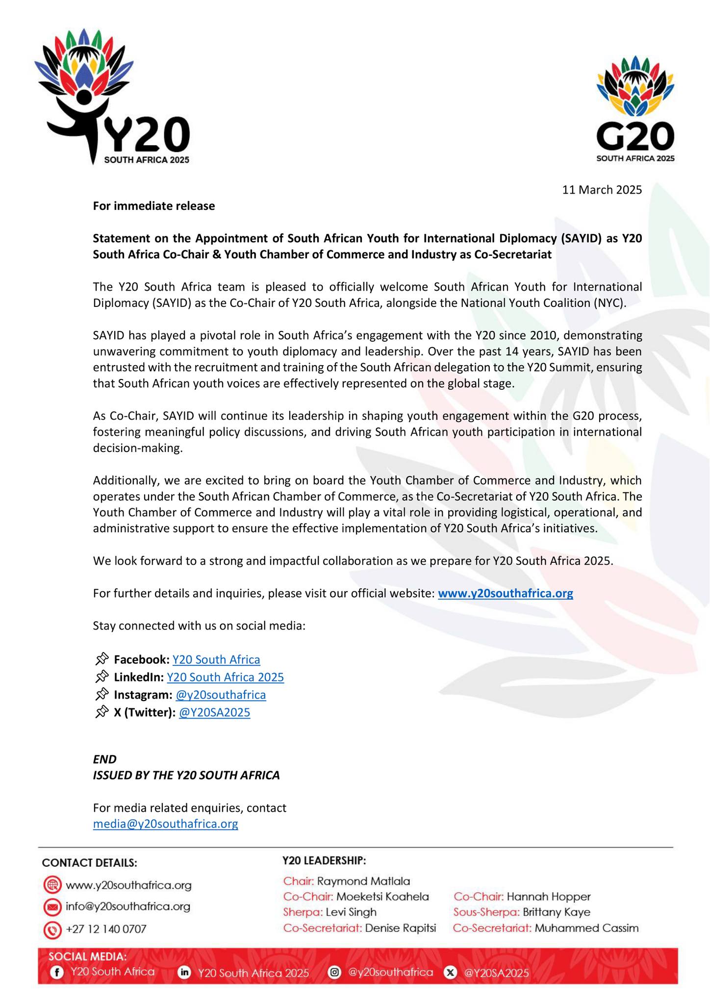 Appointment of South African Youth for International Diplomacy (SAYID)